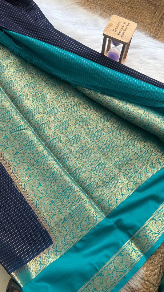 Semi Silk Saree with Gap Boarder - Navy Blue and Sky Blue