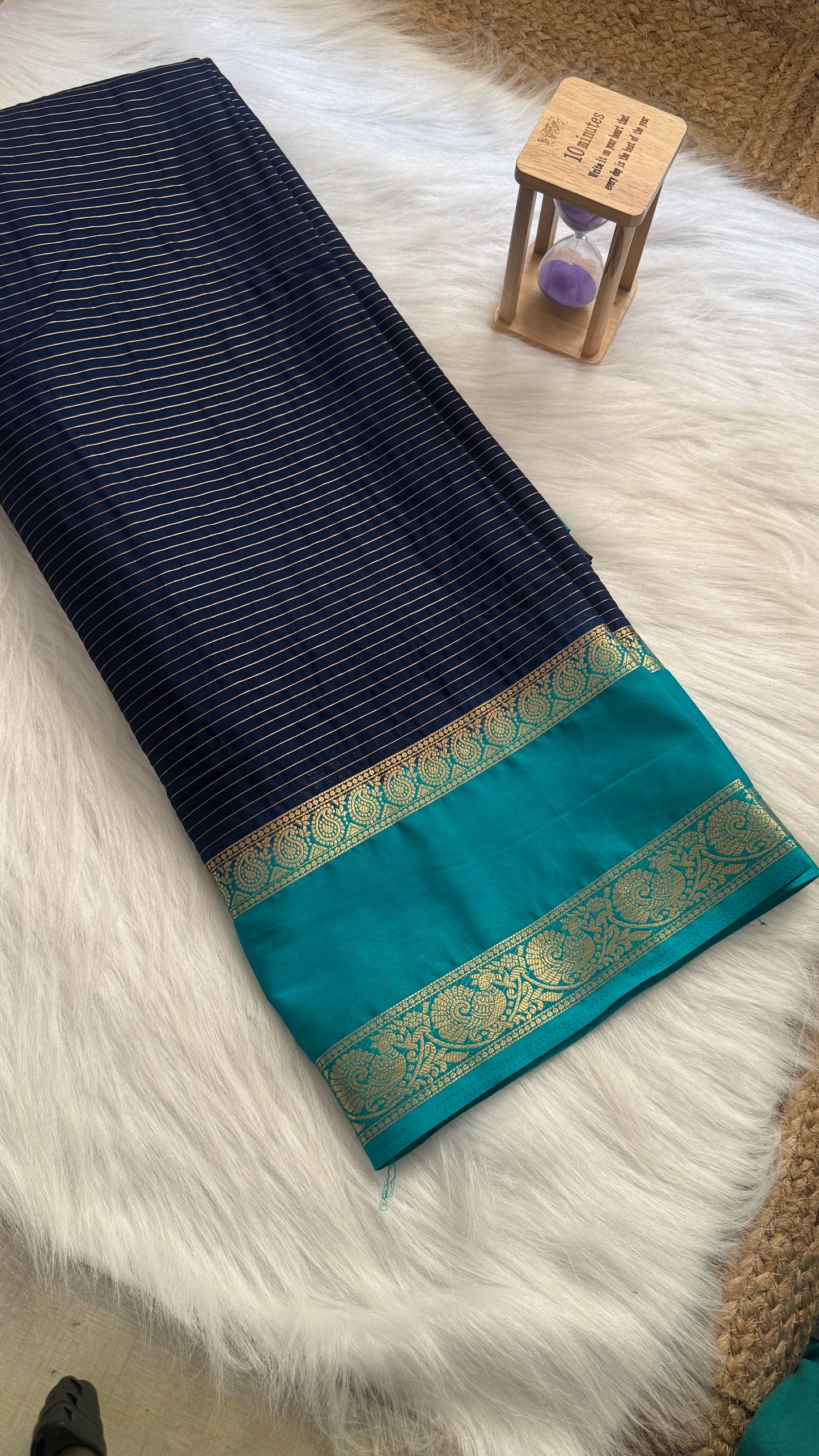 Semi Silk Saree with Gap Boarder - Navy Blue and Sky Blue