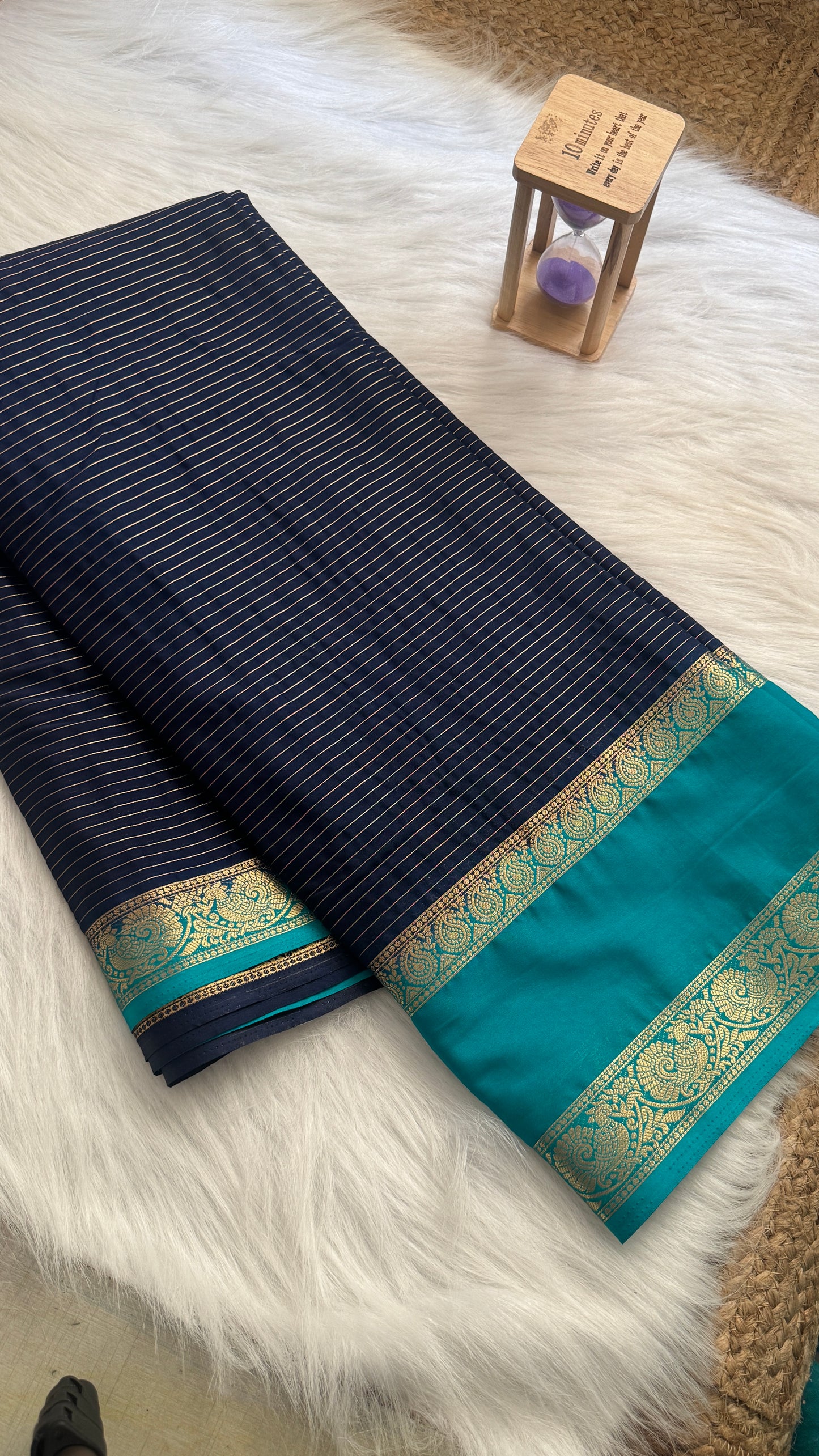 Semi Silk Saree with Gap Boarder - Navy Blue and Sky Blue
