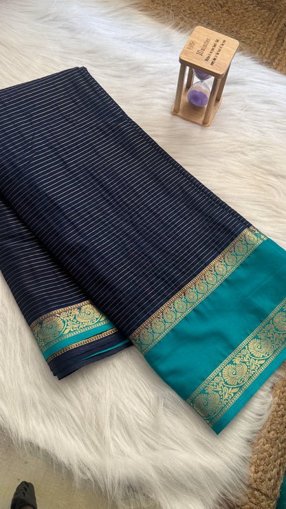 Semi Silk Saree with Gap Boarder - Navy Blue and Sky Blue