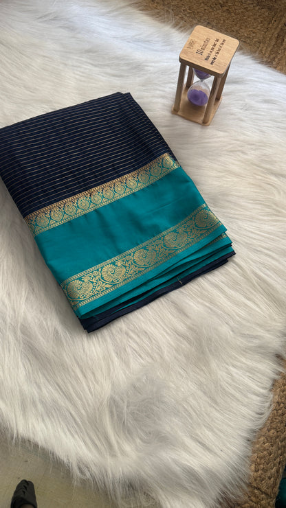 Semi Silk Saree with Gap Boarder - Navy Blue and Sky Blue