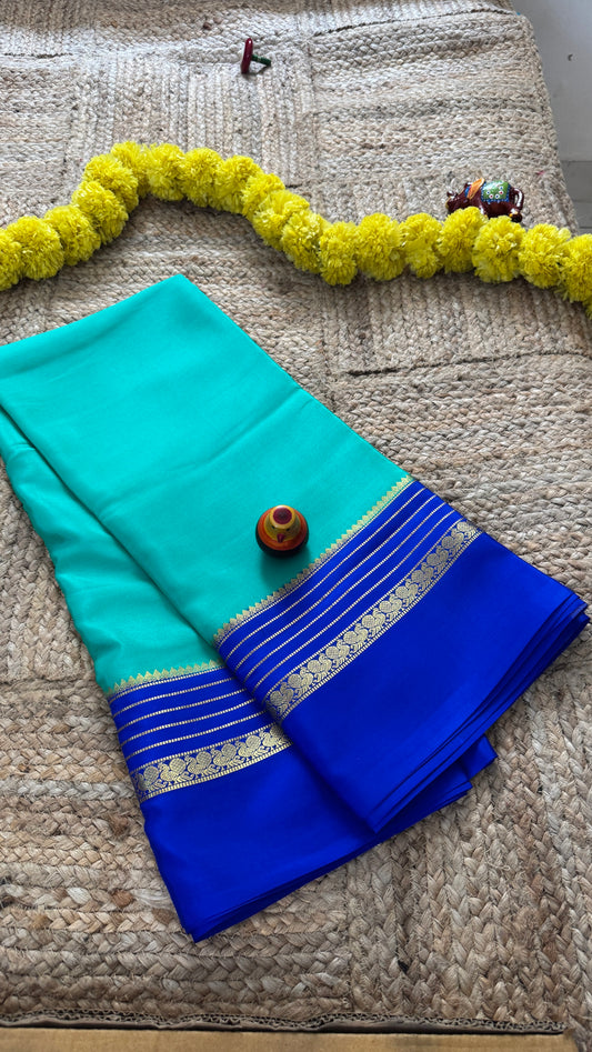 Mysore Silk Saree - Torquoise and Royal Blue Peacock Boarder