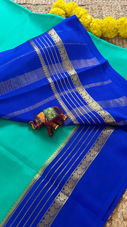 Mysore Silk Saree - Torquoise and Royal Blue Peacock Boarder