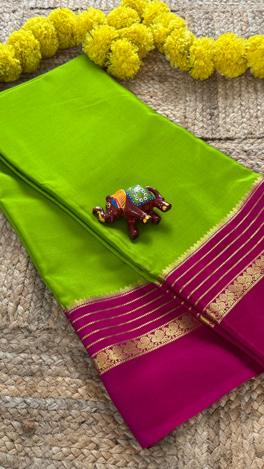 Mysore Silk Saree - Parrot Green and Pink Peacock Boarder