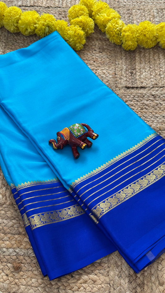 Mysore Silk Saree - Blue and Royal Blue Peacock Boarder