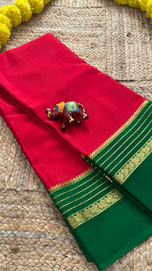 Mysore Silk Saree - Red and Green Peacock Boarder