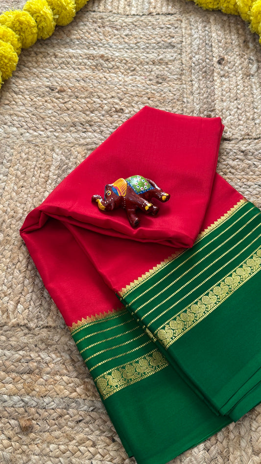 Mysore Silk Saree - Red and Green Peacock Boarder