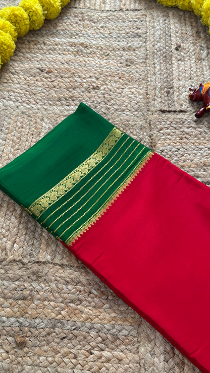 Mysore Silk Saree - Red and Green Peacock Boarder