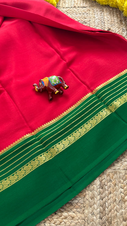Mysore Silk Saree - Red and Green Peacock Boarder