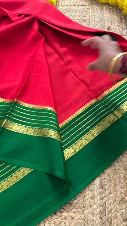 Mysore Silk Saree - Red and Green Peacock Boarder