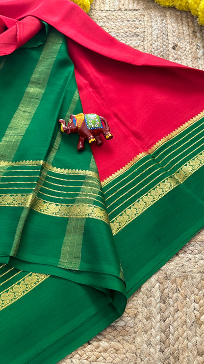 Mysore Silk Saree - Red and Green Peacock Boarder