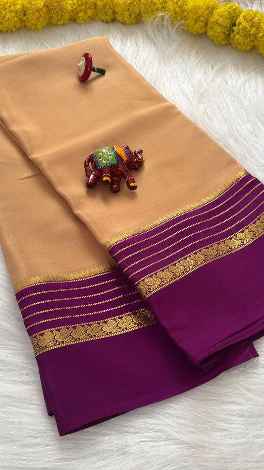 Mysore Silk Saree - Beige and Purple Peacock Boarder