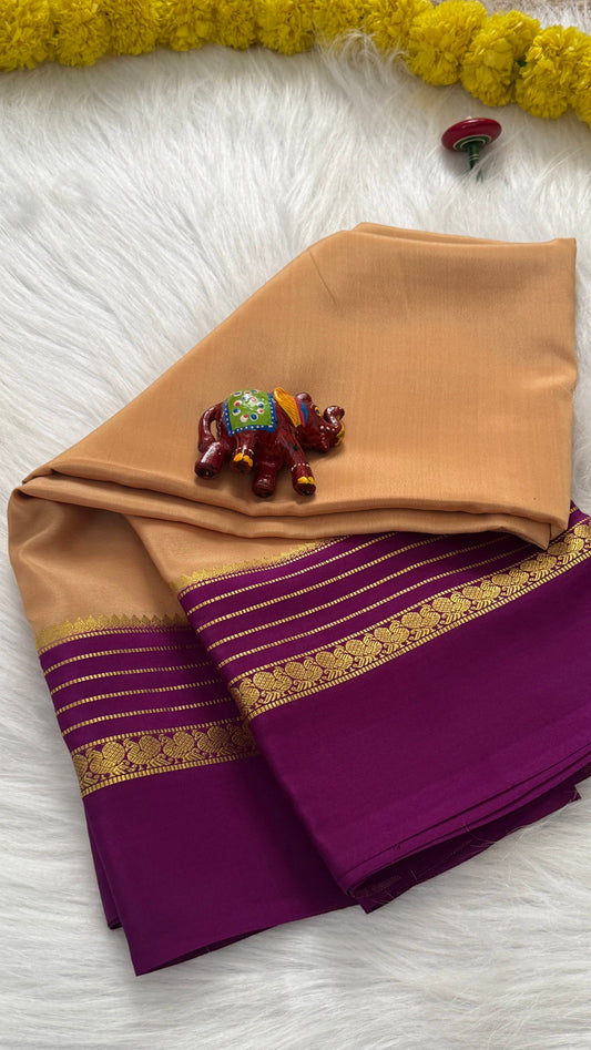 Mysore Silk Saree - Beige and Purple Peacock Boarder