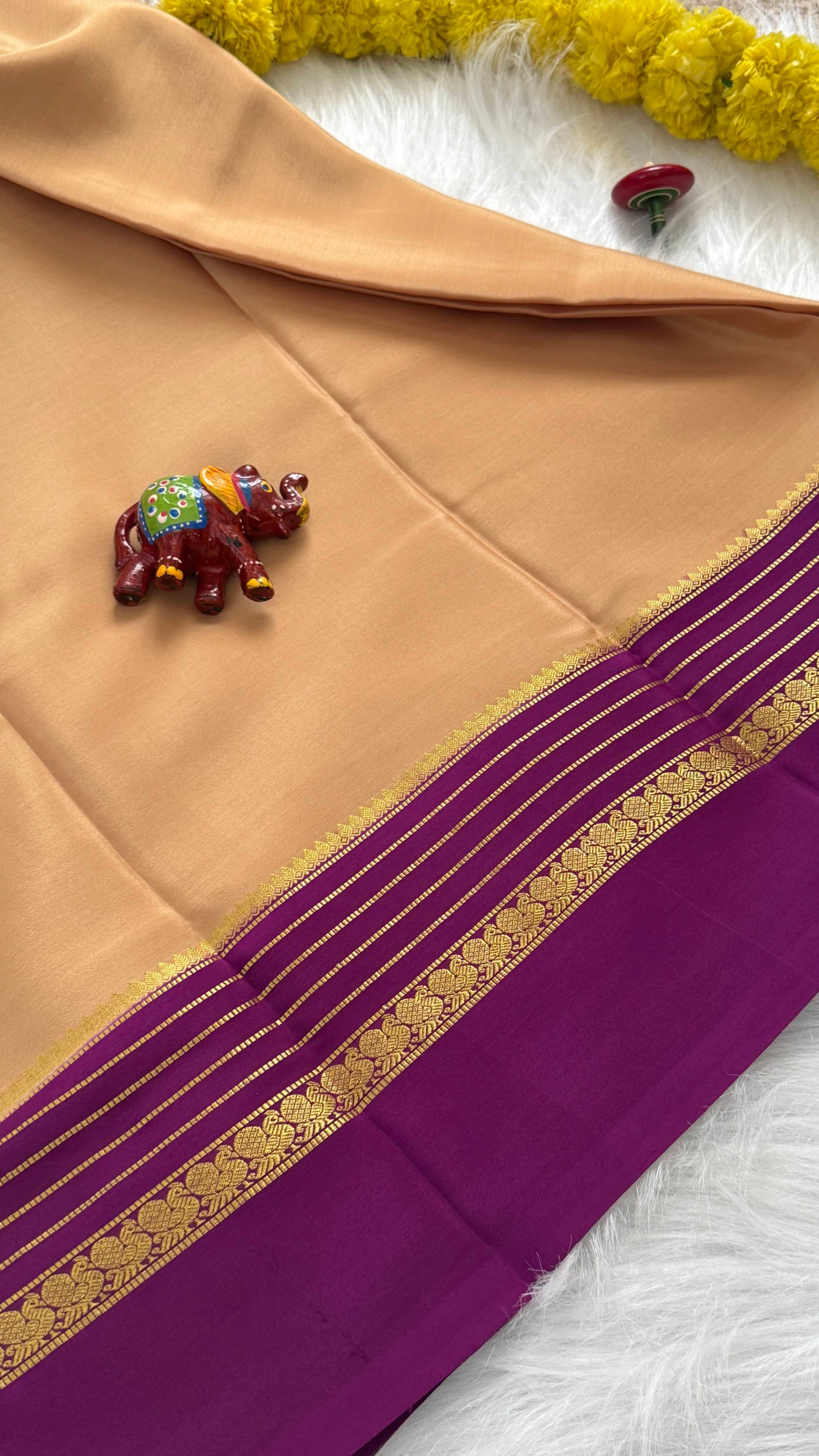 Mysore Silk Saree - Beige and Purple Peacock Boarder