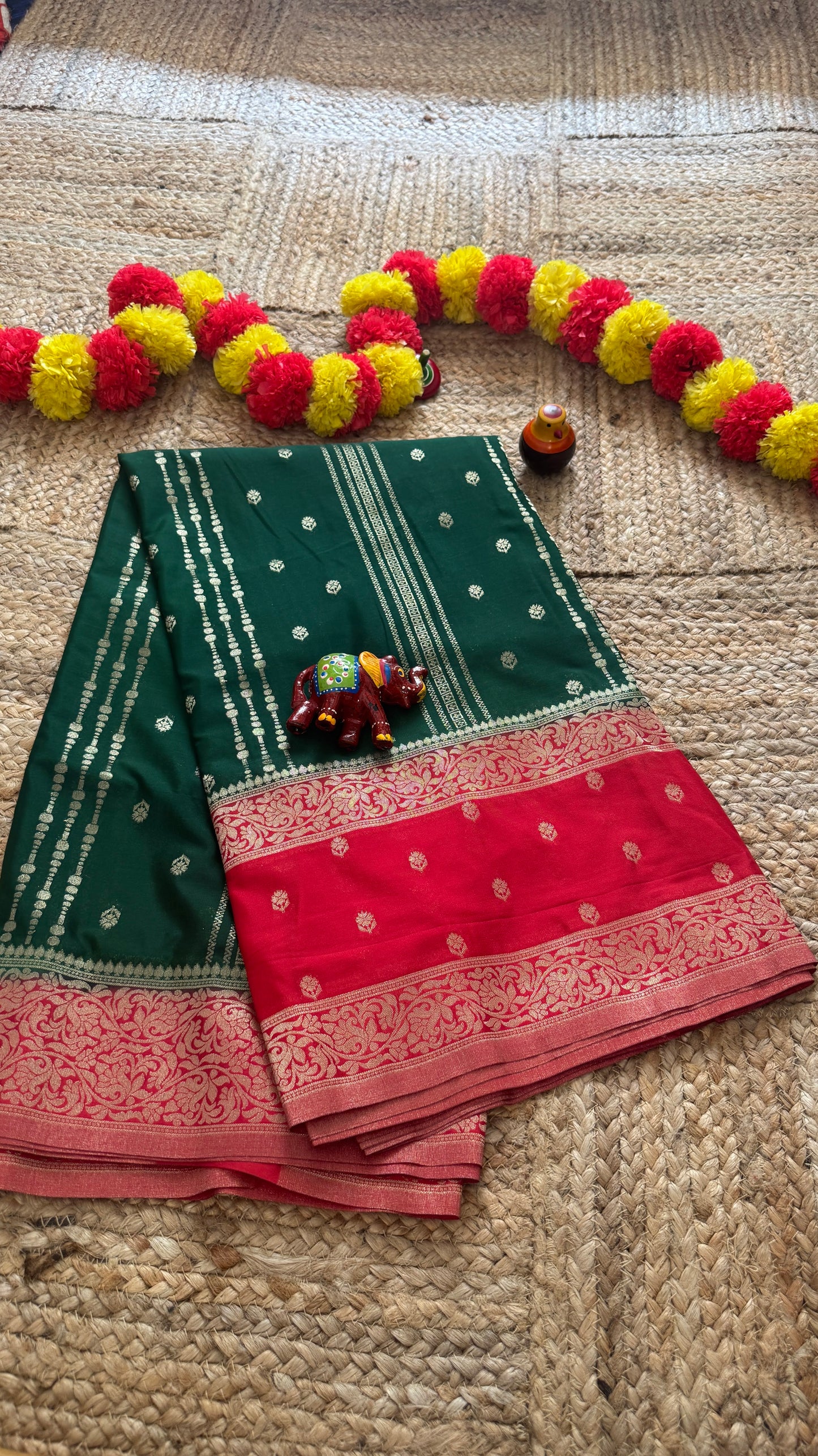 Semi Silk Sarees Rapier Silk - Dark Green and Red