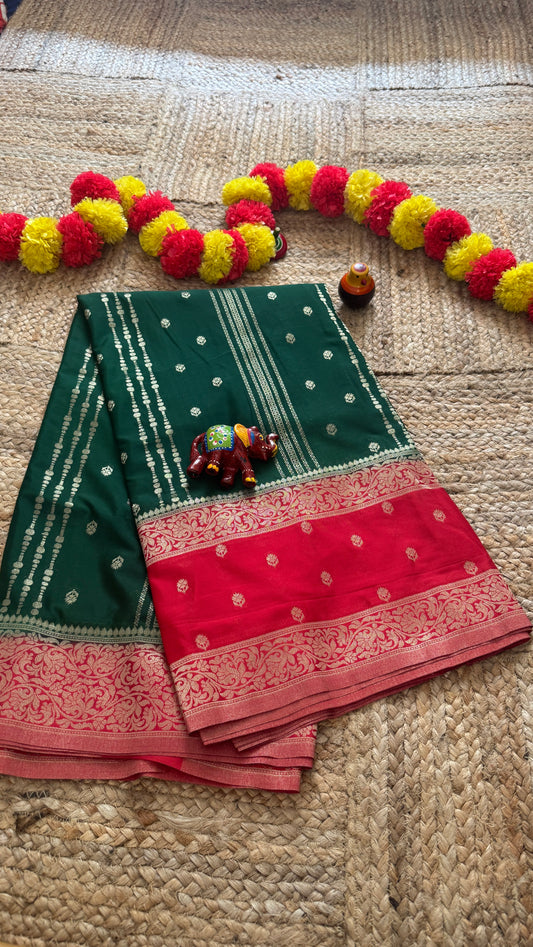 Semi Silk Sarees Rapier Silk - Dark Green and Red