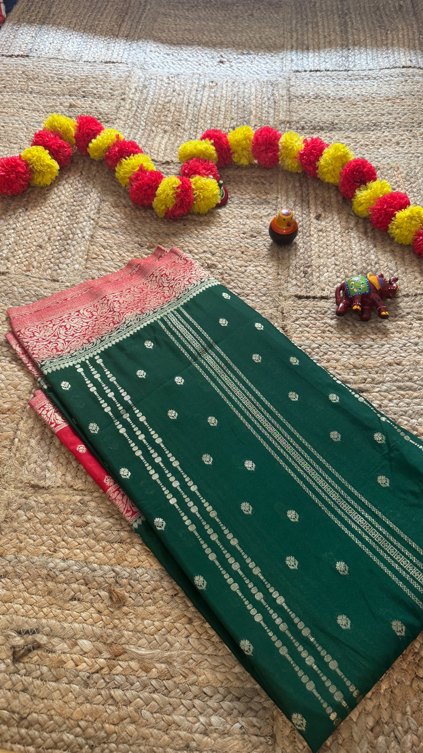 Semi Silk Sarees Rapier Silk - Dark Green and Red