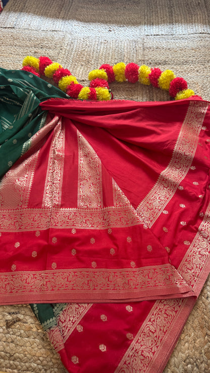 Semi Silk Sarees Rapier Silk - Dark Green and Red