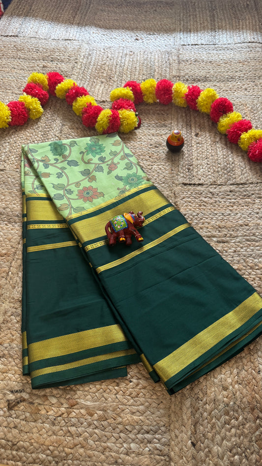 Semi Silk Sarees with Kalamkari - Dark Green and Light Green