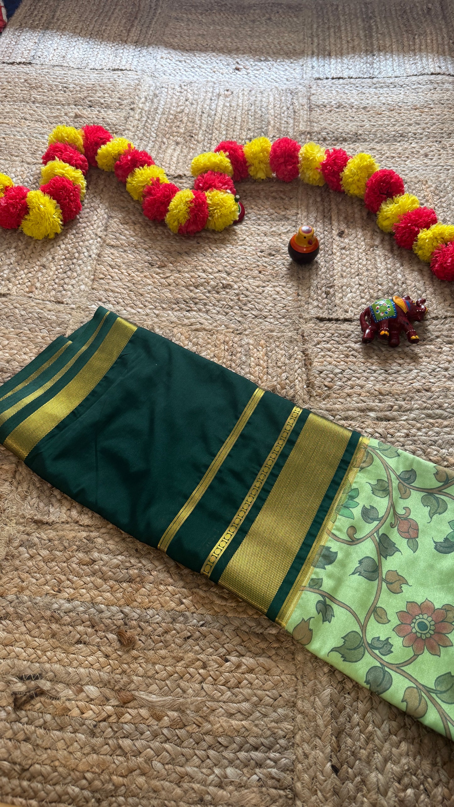 Semi Silk Sarees with Kalamkari - Dark Green and Light Green