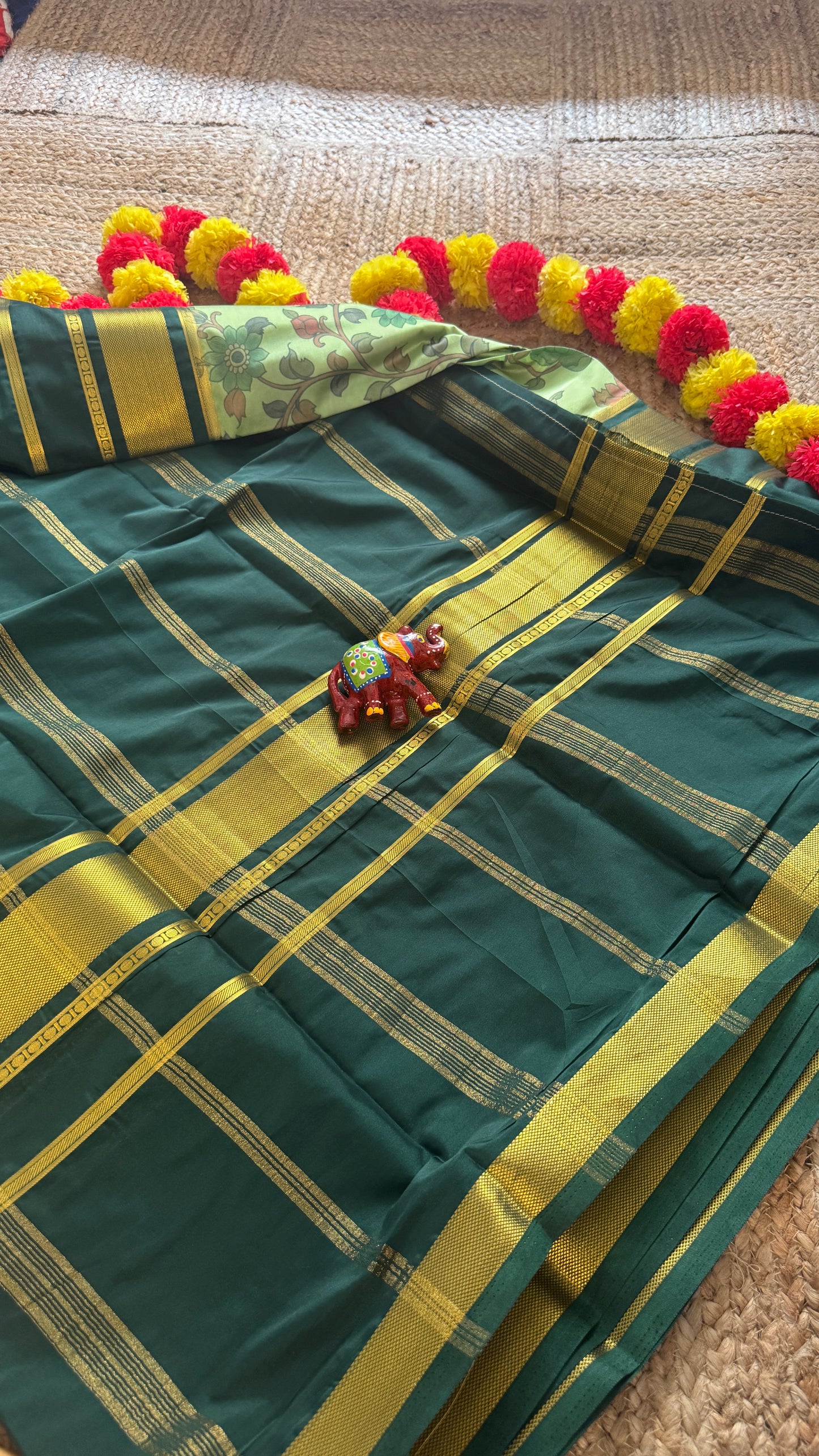 Semi Silk Sarees with Kalamkari - Dark Green and Light Green