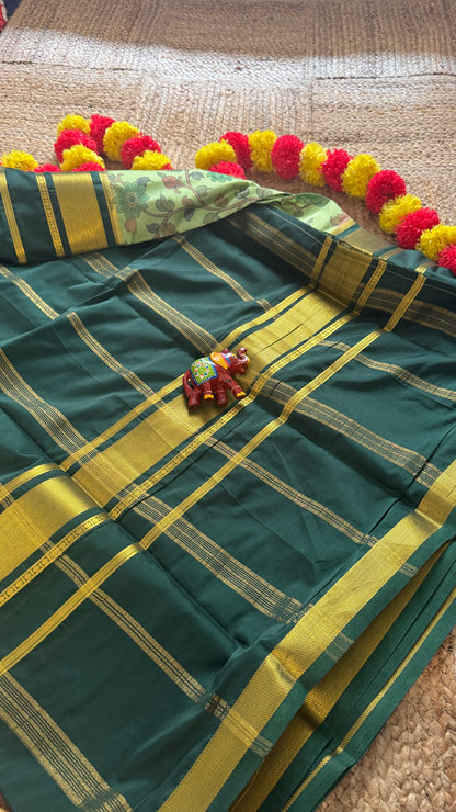 Semi Silk Sarees with Kalamkari - Dark Green and Light Green
