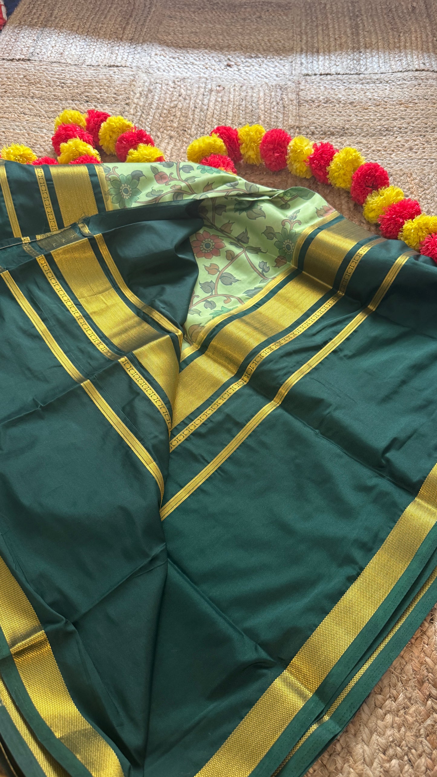 Semi Silk Sarees with Kalamkari - Dark Green and Light Green