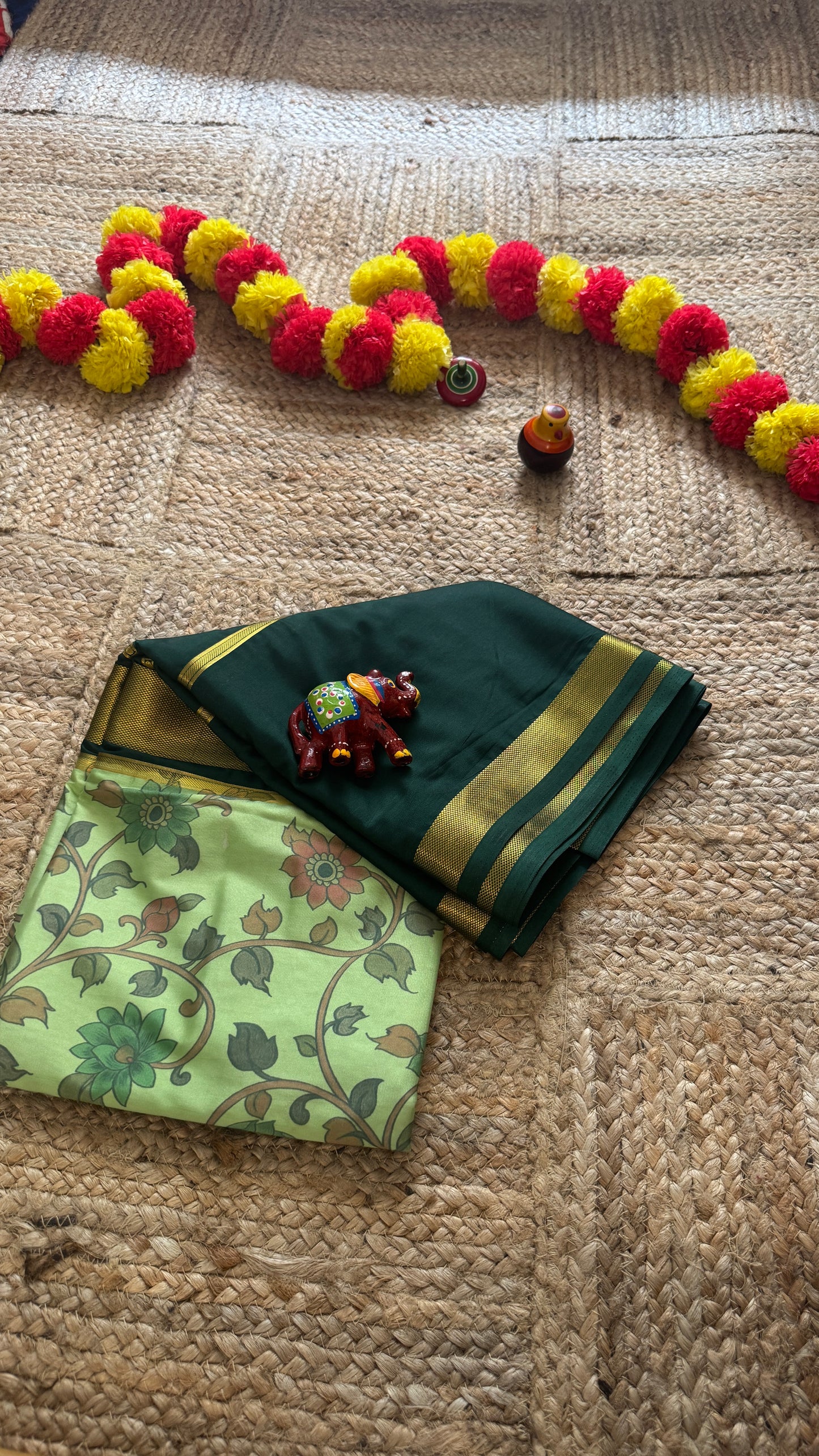 Semi Silk Sarees with Kalamkari - Dark Green and Light Green
