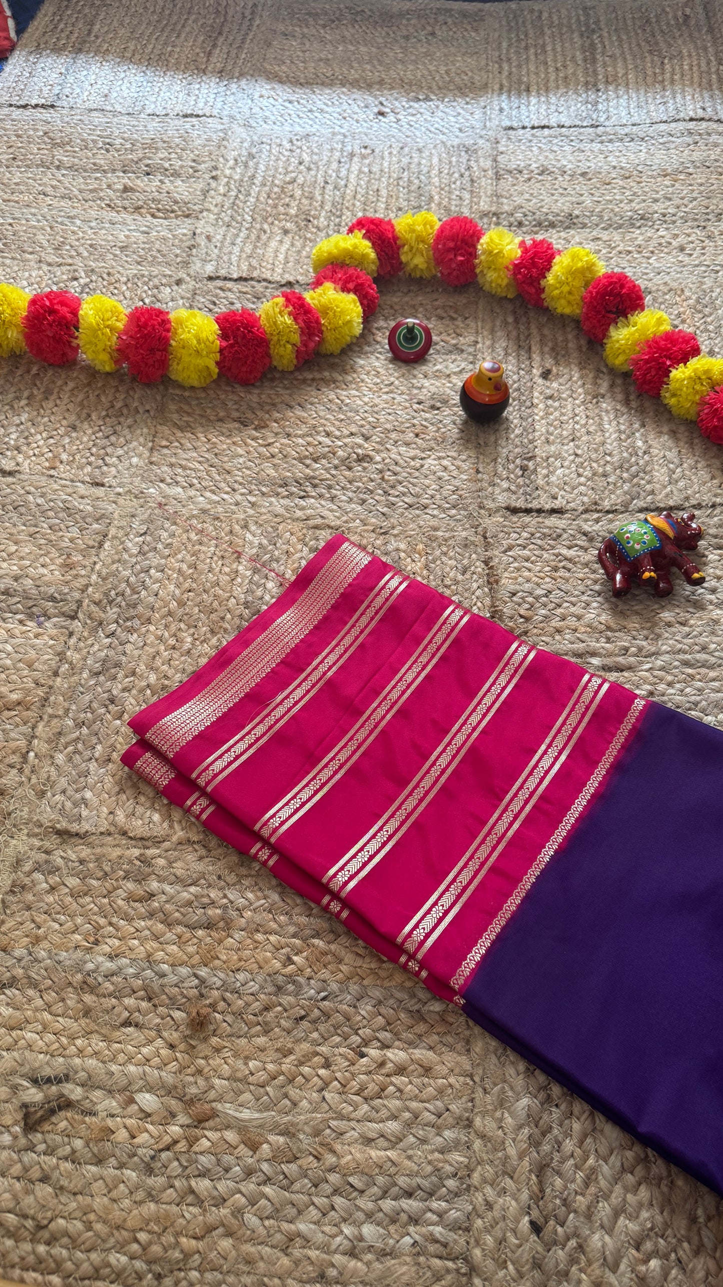 Semi Silk Sarees with Stripes - Purple and Rani Pink