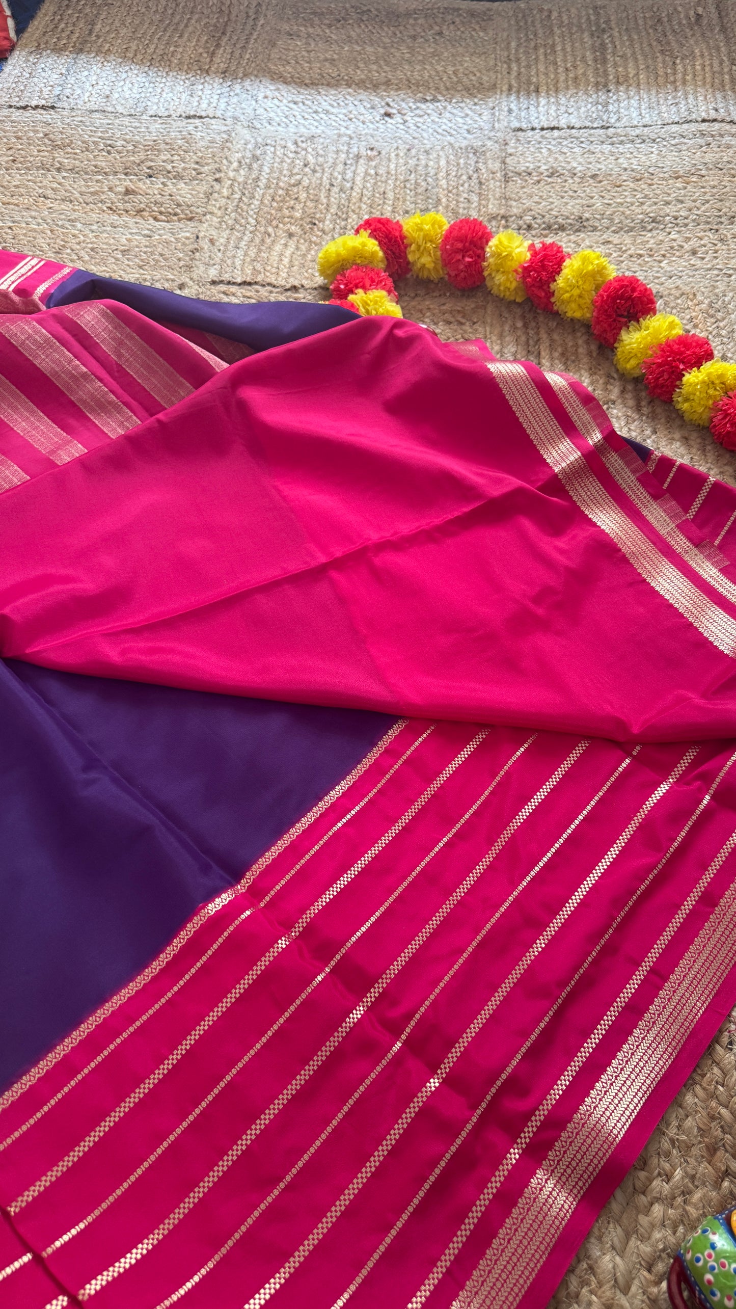 Semi Silk Sarees with Stripes - Purple and Rani Pink