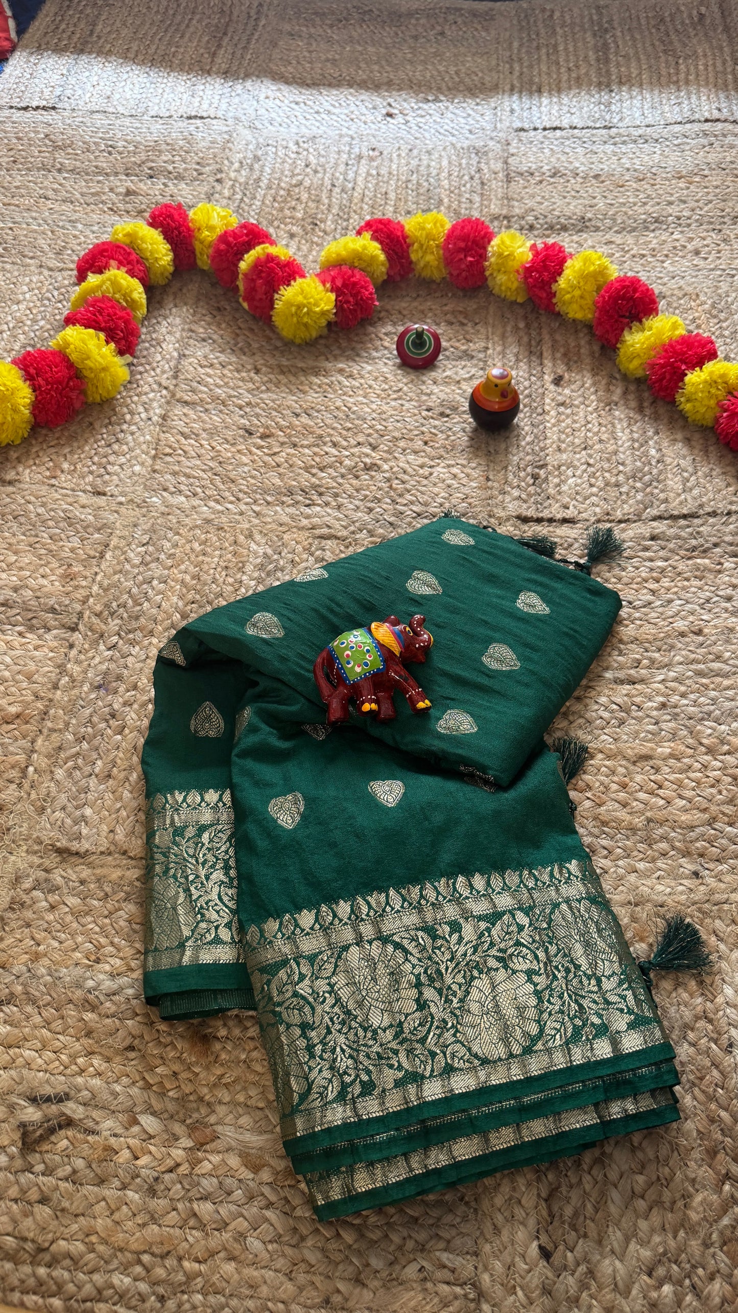 Semi Silk Butta Saree - Red and Green