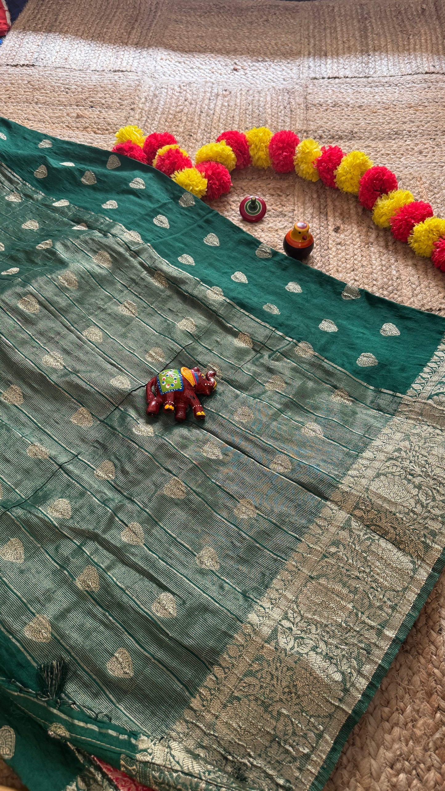 Semi Silk Butta Saree - Red and Green