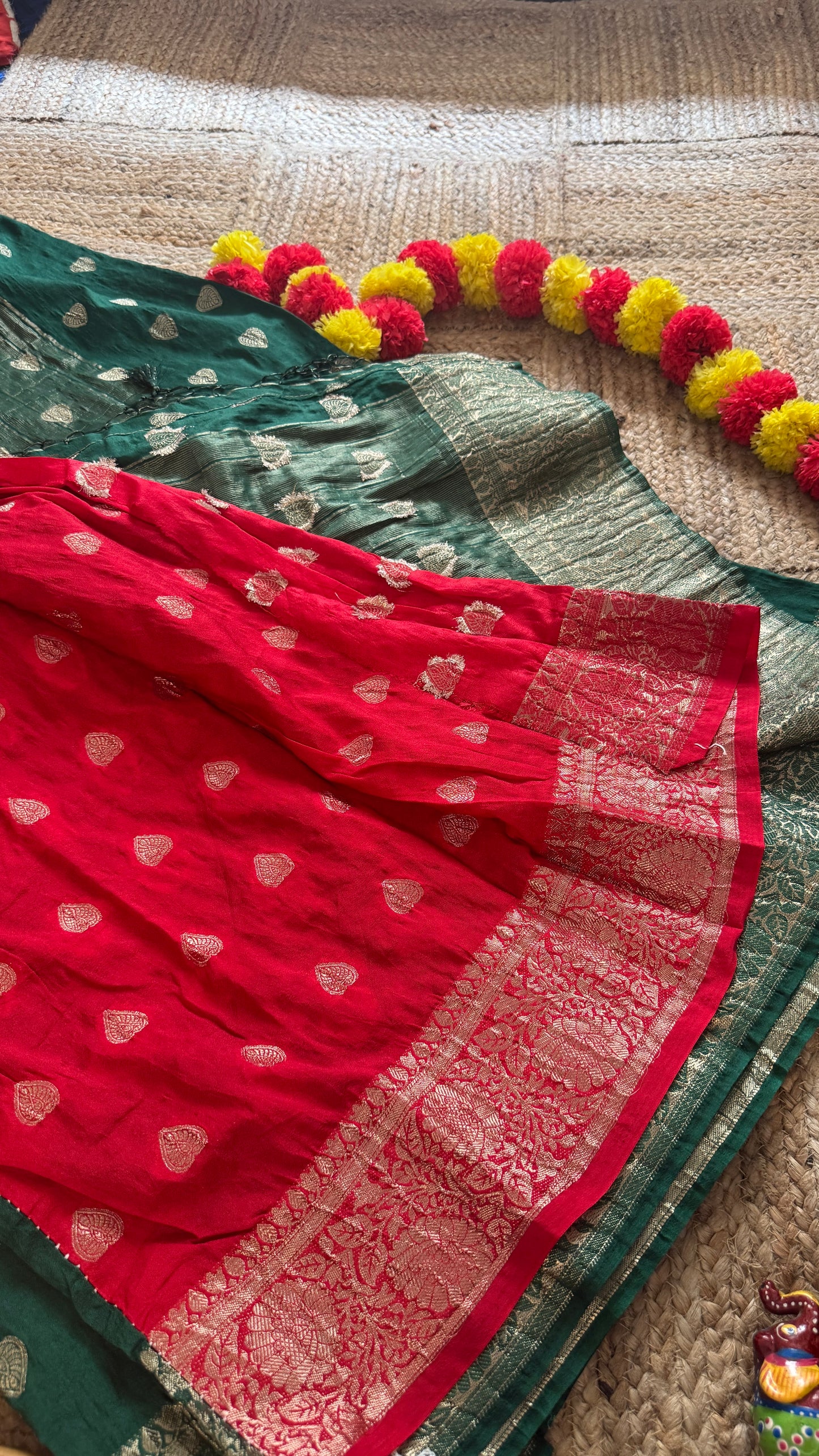 Semi Silk Butta Saree - Red and Green