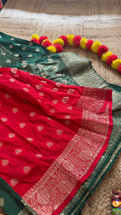 Semi Silk Butta Saree - Red and Green