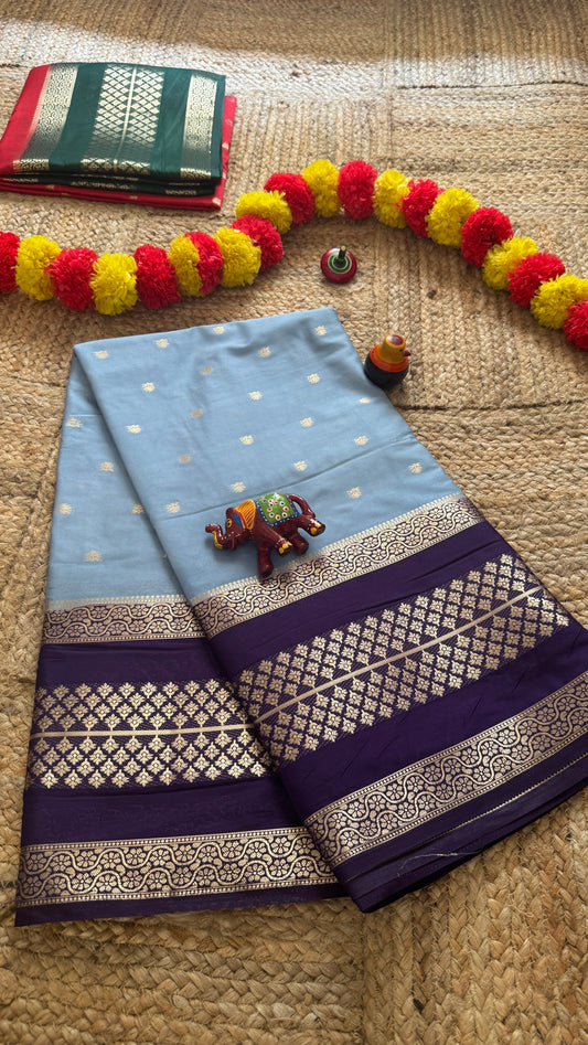 Semi Silk Butta Saree  - Sky Blue and Navy Blue