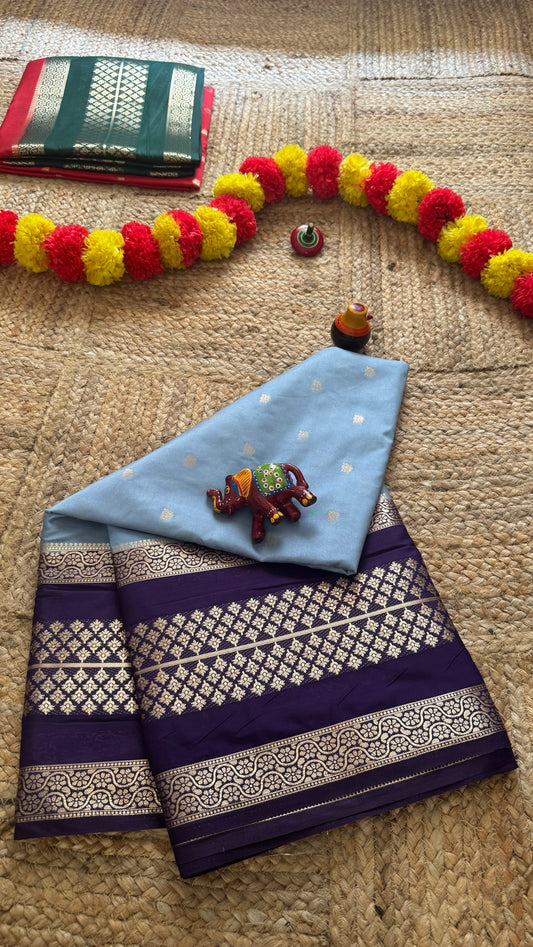 Semi Silk Butta Saree  - Sky Blue and Navy Blue