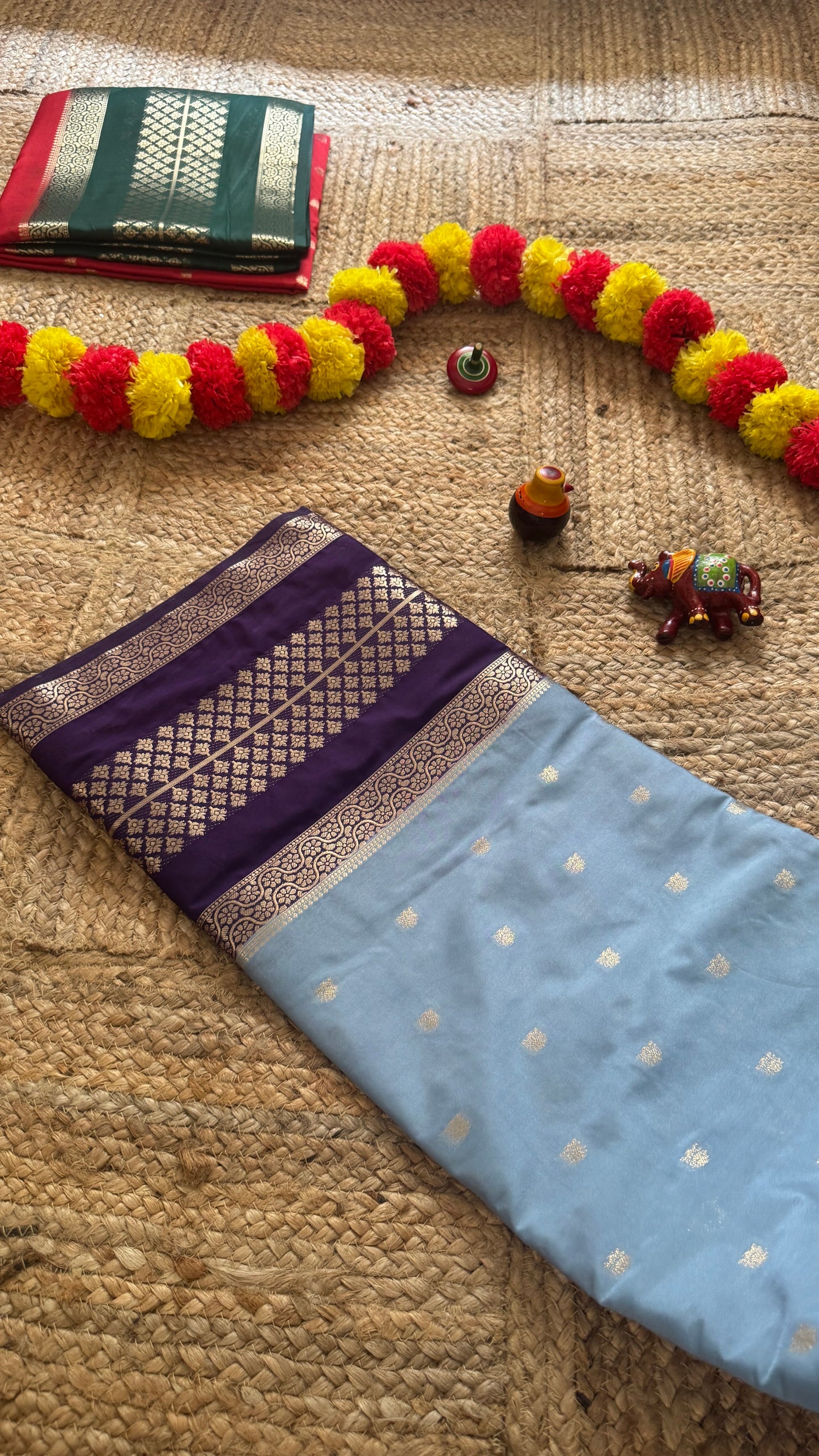 Semi Silk Butta Saree  - Sky Blue and Navy Blue