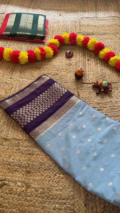 Semi Silk Butta Saree  - Sky Blue and Navy Blue