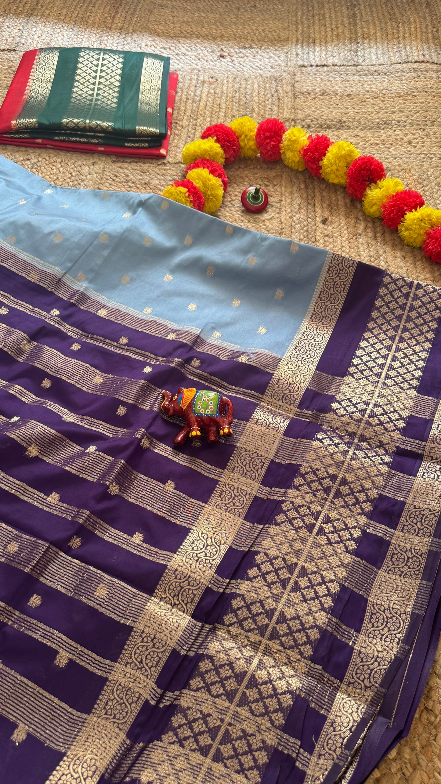 Semi Silk Butta Saree  - Sky Blue and Navy Blue