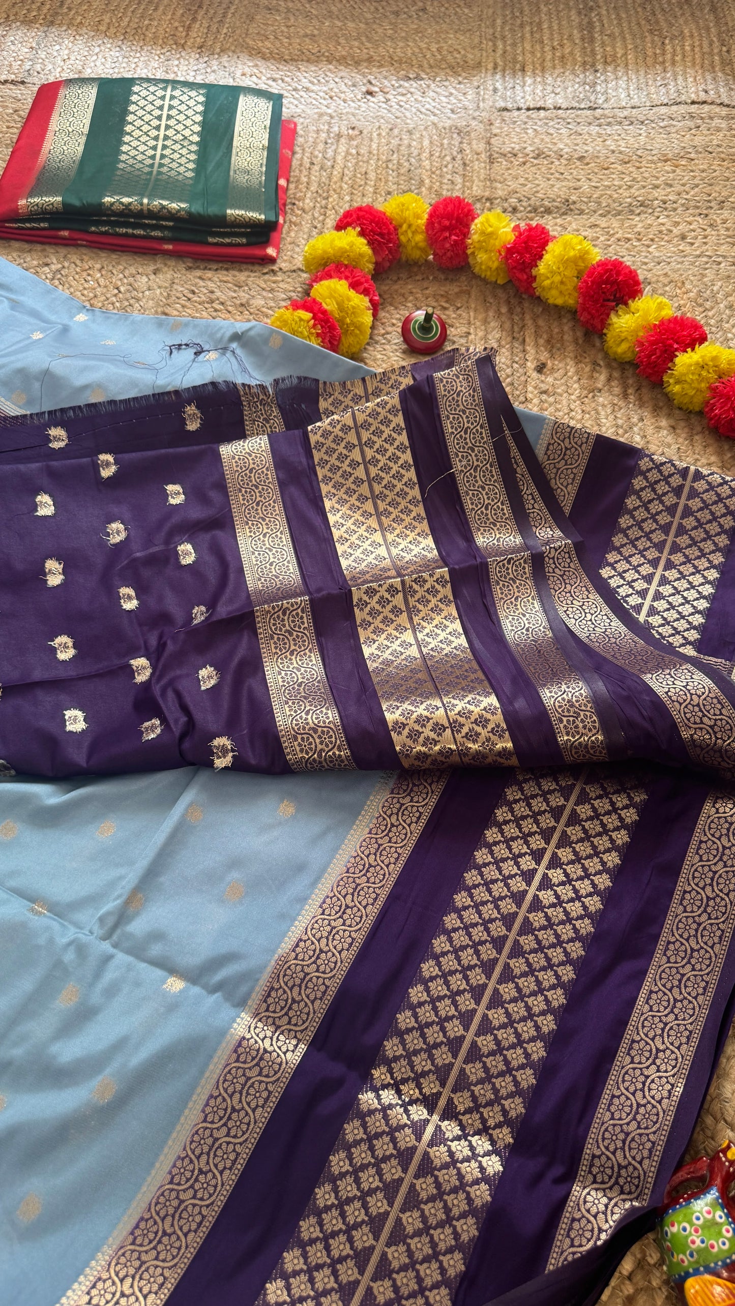 Semi Silk Butta Saree  - Sky Blue and Navy Blue
