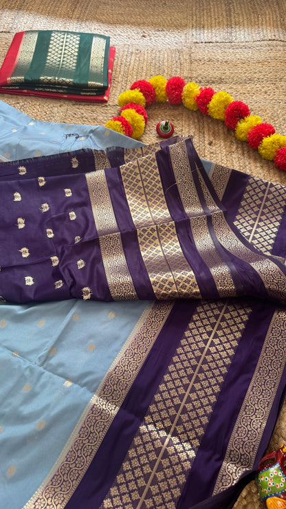 Semi Silk Butta Saree  - Sky Blue and Navy Blue