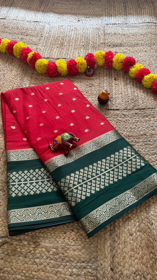 Semi Silk Butta Saree  - Red and Green