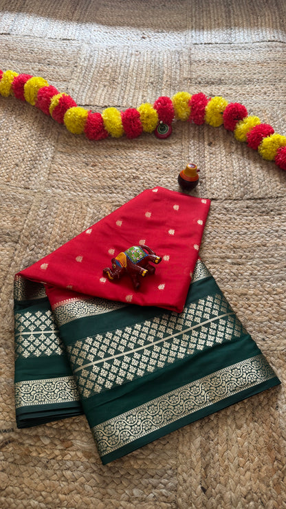 Semi Silk Butta Saree  - Red and Green