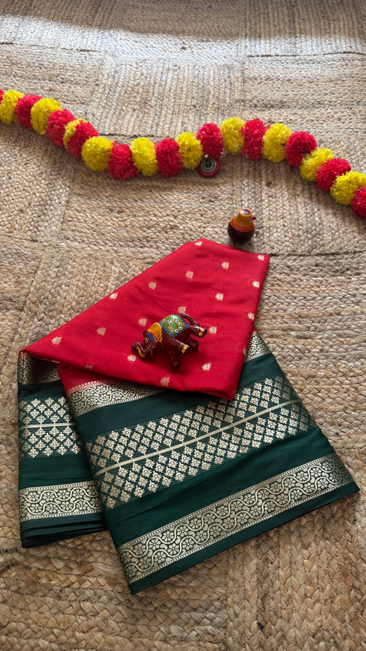 Semi Silk Butta Saree  - Red and Green