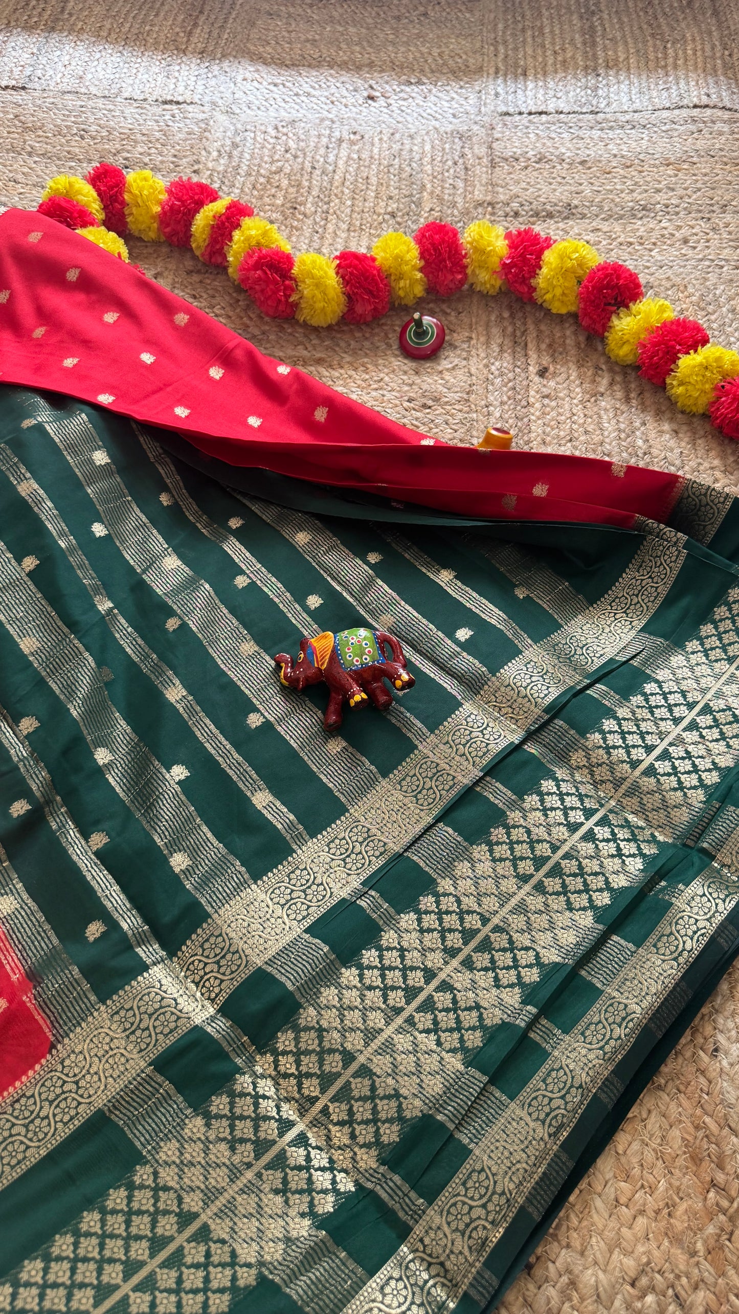 Semi Silk Butta Saree  - Red and Green