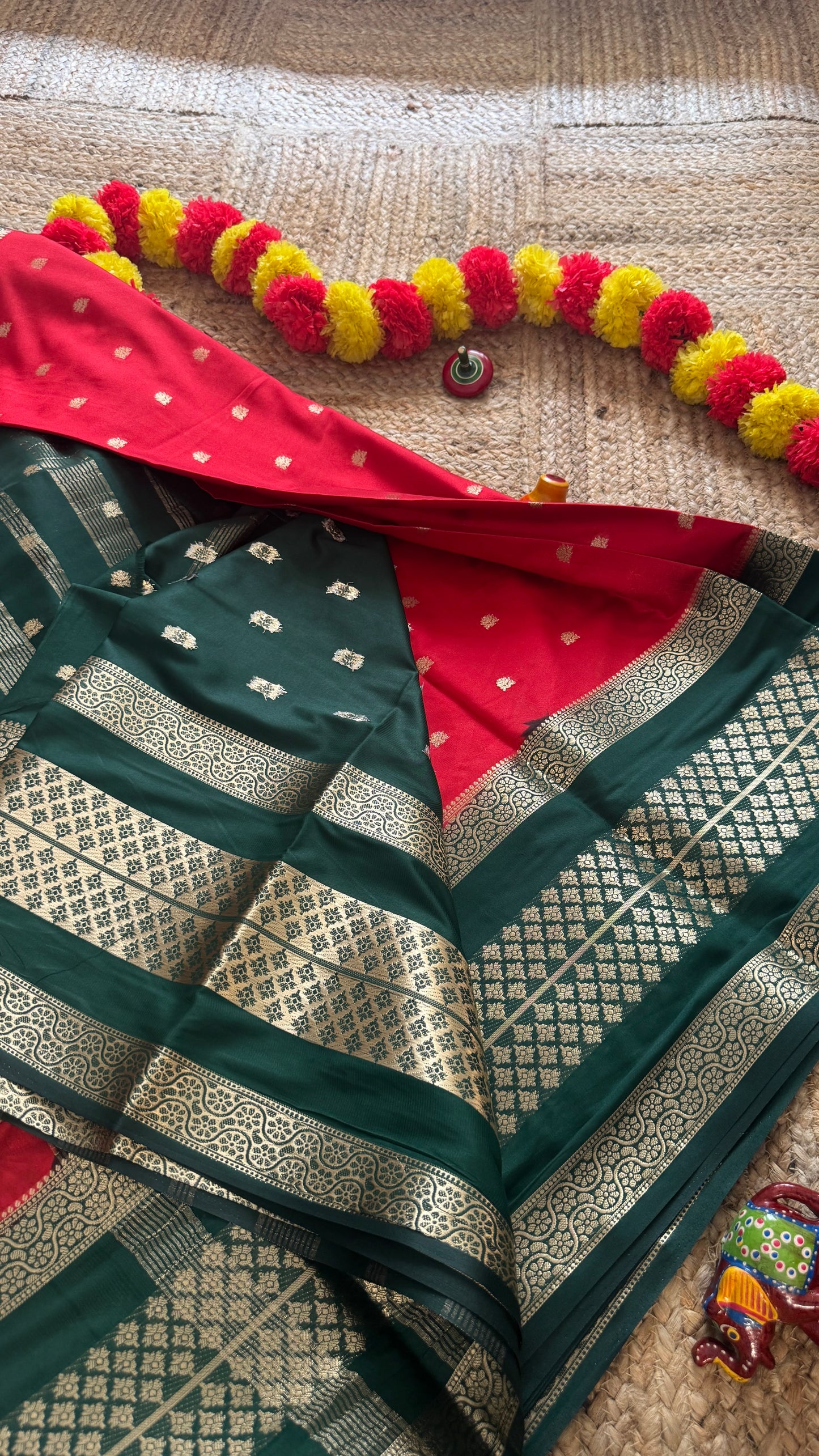Semi Silk Butta Saree  - Red and Green
