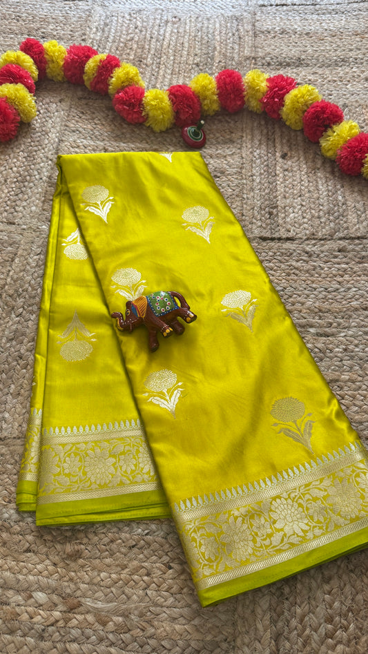 Satin Silk Saree - Mustard Yellow with Zari Boarder