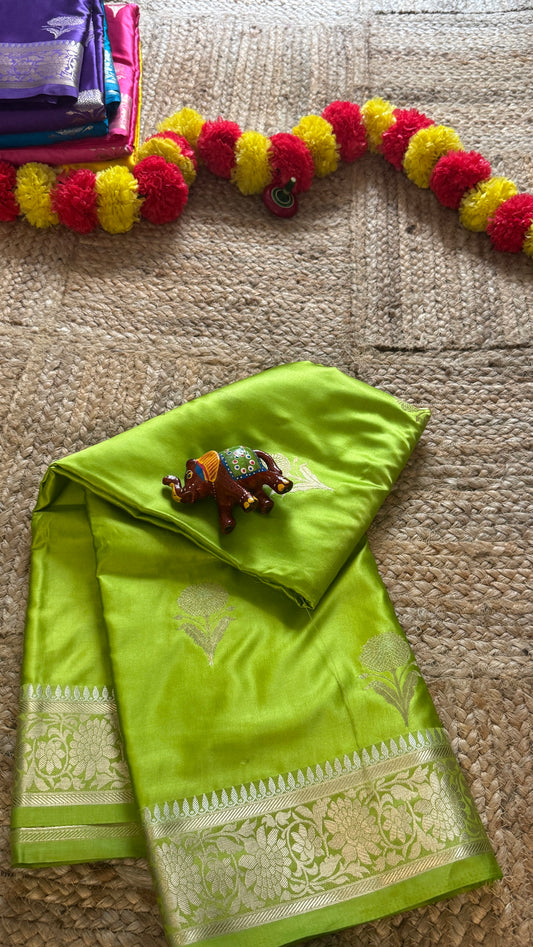 Satin Silk Saree - Light Green with Zari Boarder