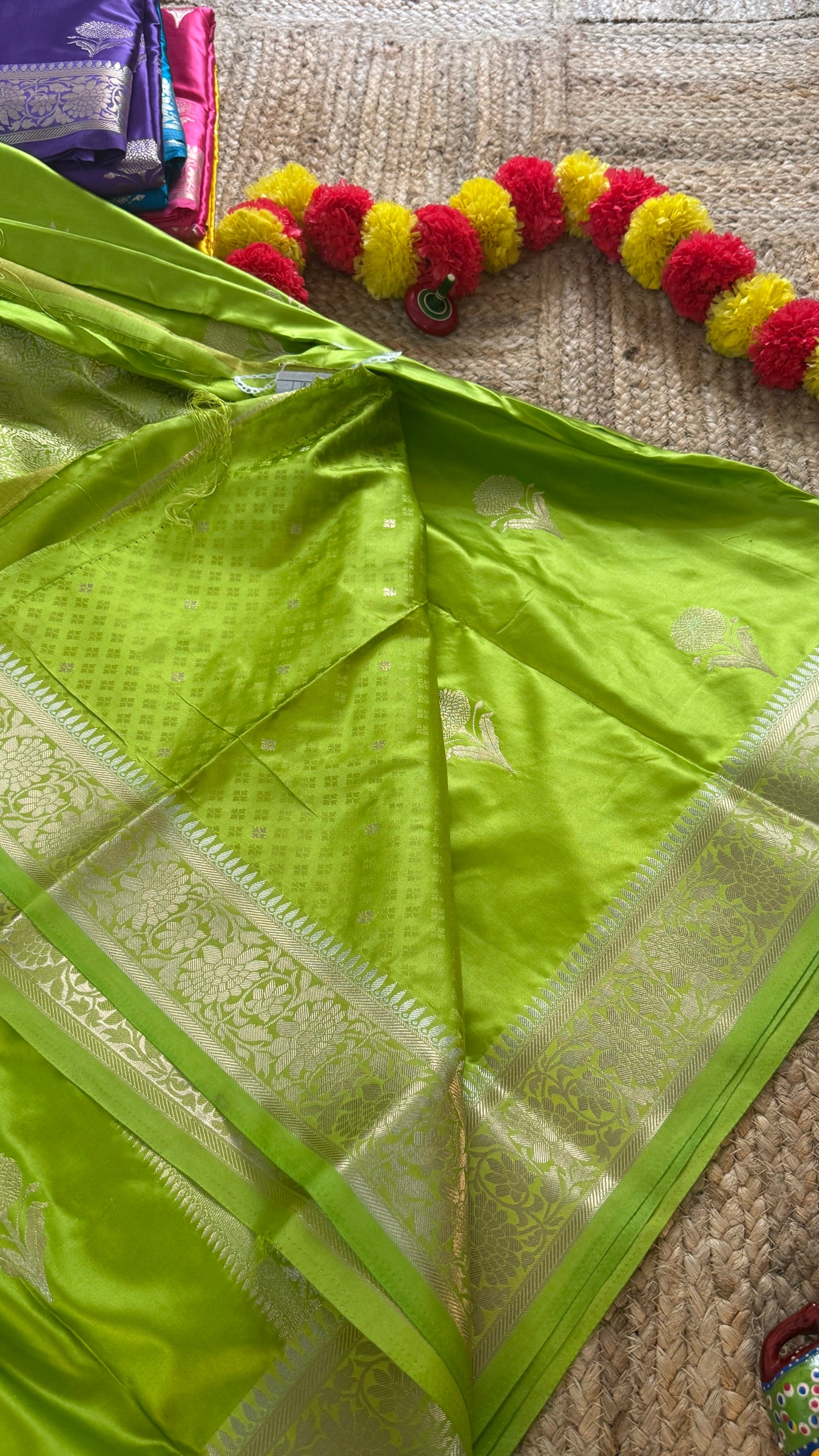 Satin Silk Saree - Light Green with Zari Boarder