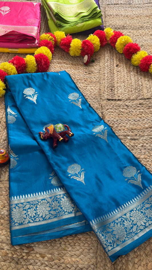Satin Silk Saree - Blue with Zari Boarder